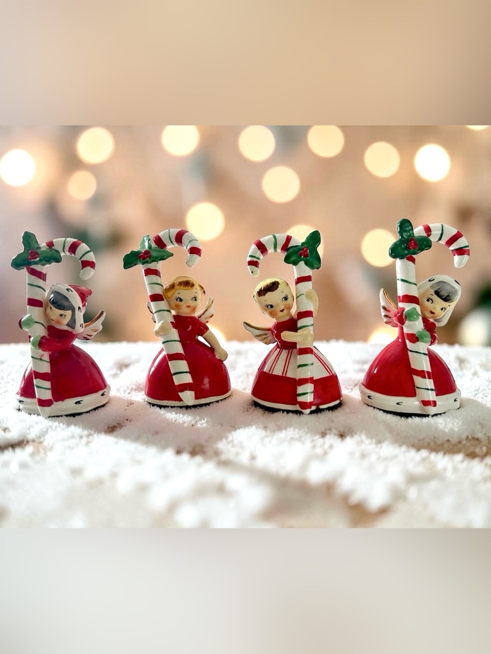 Vtg 4 Napco Candy Cane Triplets Angel Figurines Bells 3BX2239 1956 Xmas